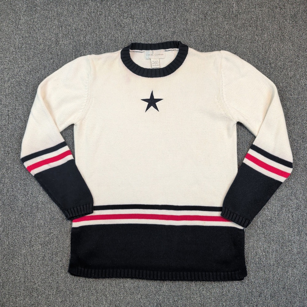 Casual Corner Vintage 90s Star Nautical Sweater L White Blue Red Cotton UK Made